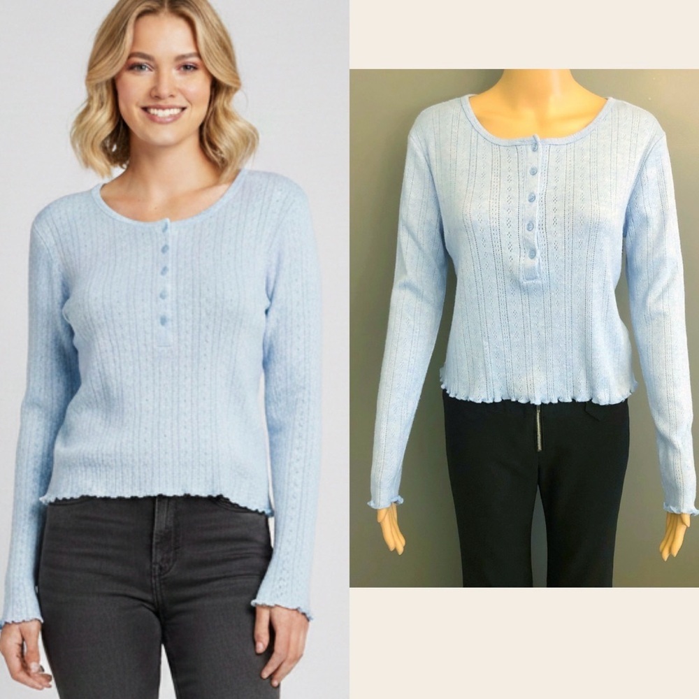 SUZY Pastel Blue Casual Relaxed Fit Button Down Long  Sleeves Knits T Shirt Tee